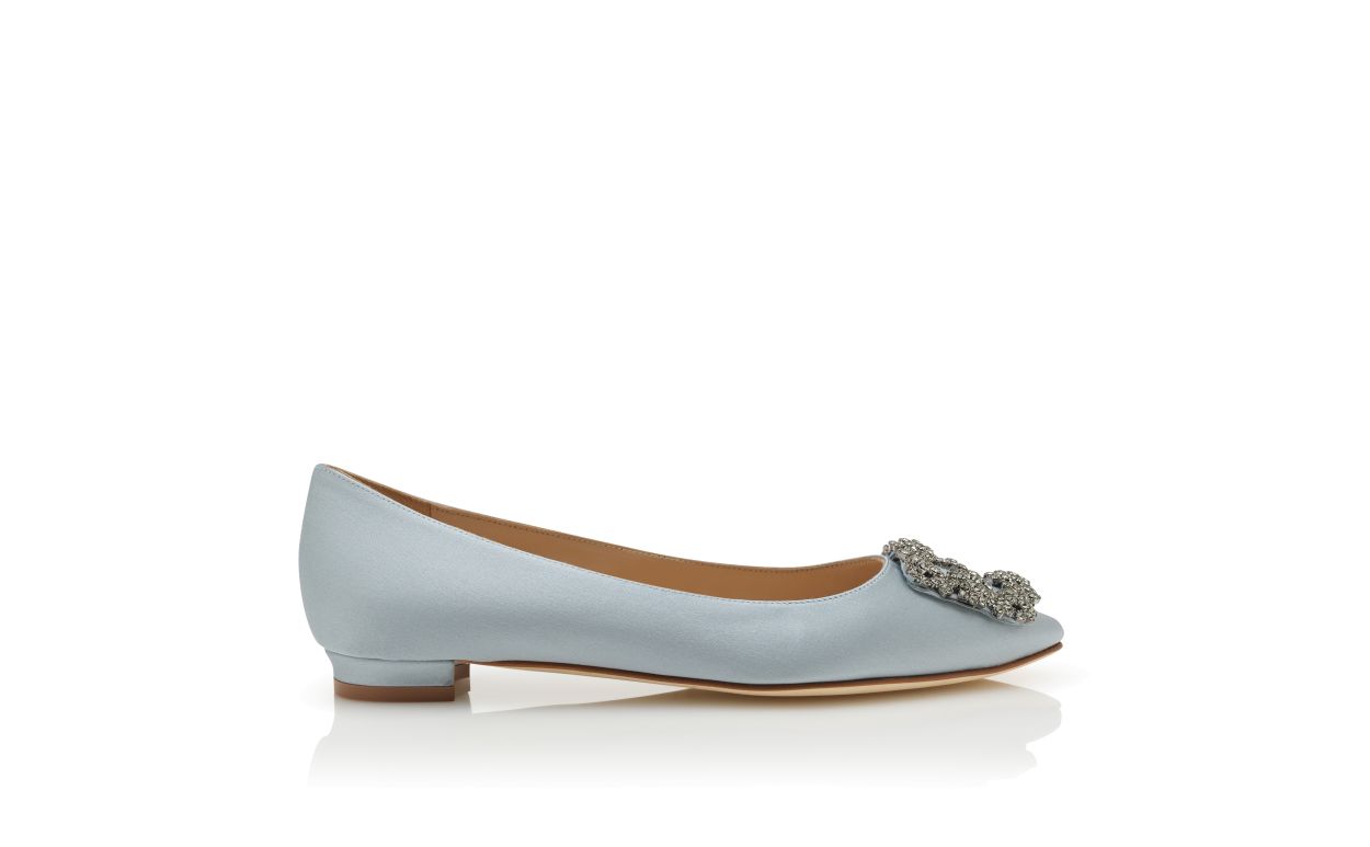 Light Blue Satin Jewel Buckle Flat Pumps