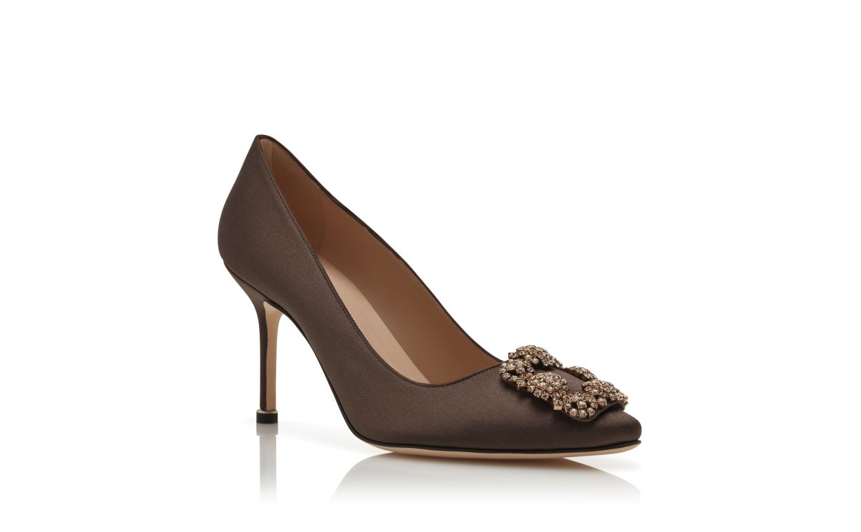 Brown Satin Jewel Buckle Pumps