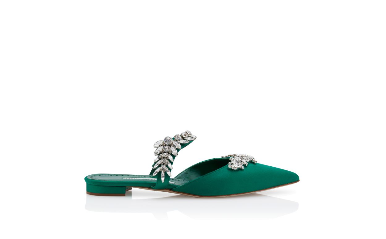 Green Satin Crystal Embellished Flat Mules