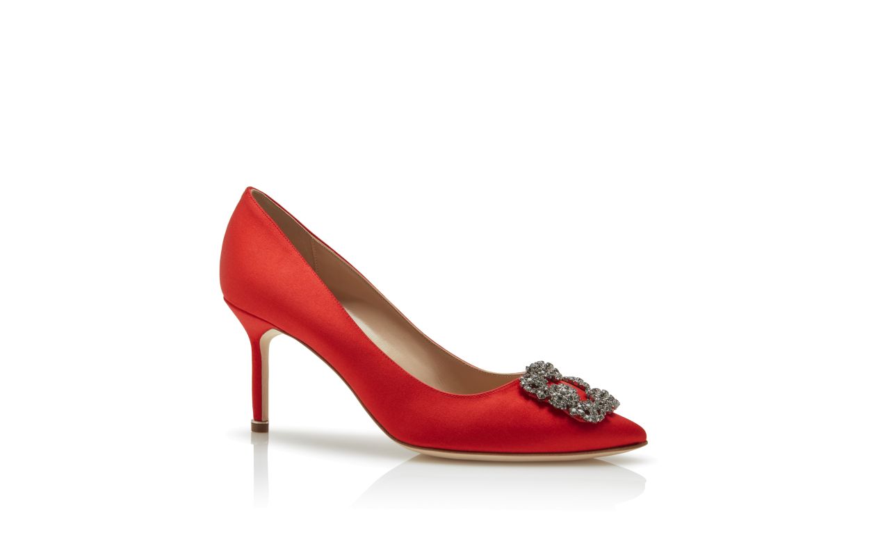 Red Satin Jewel Buckle Pumps