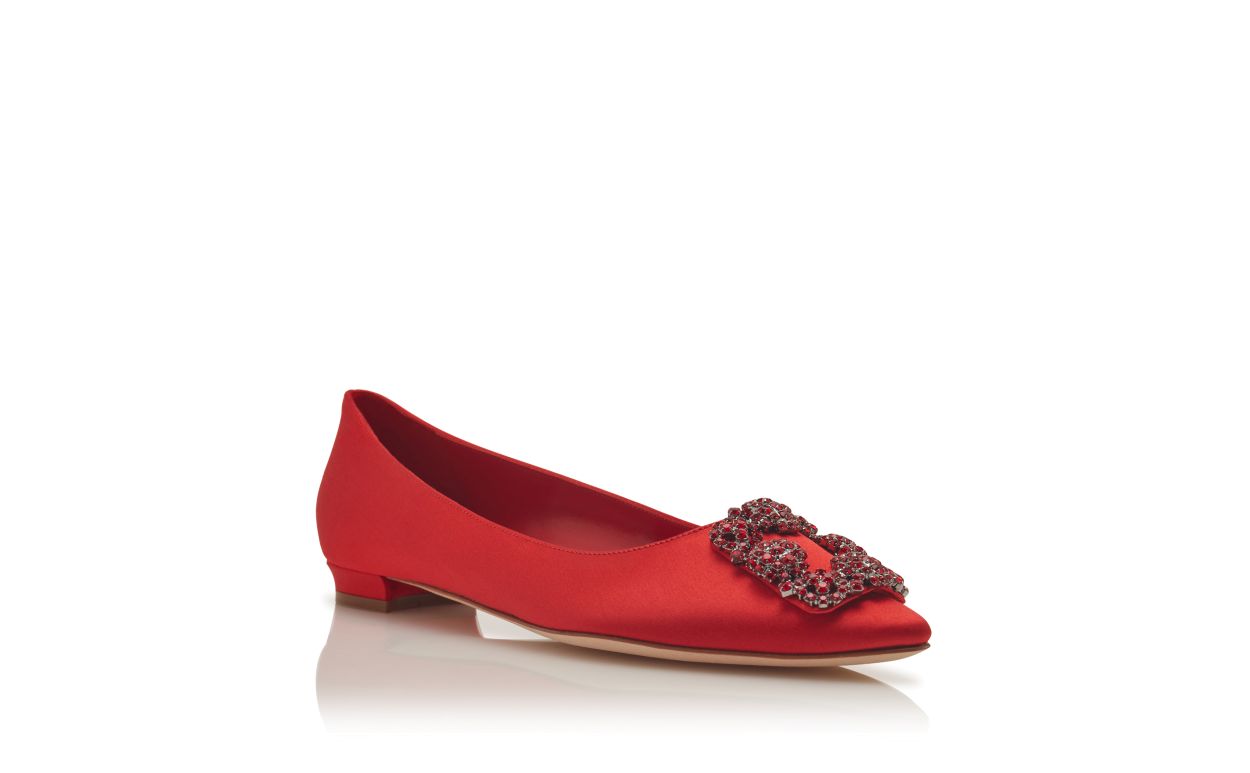 Red Satin Jewel Buckle Flat Pumps