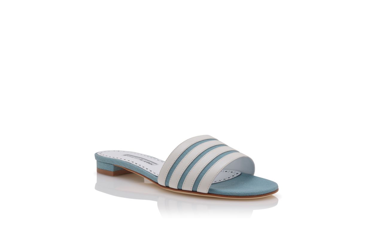 Light Blue and White Linen Flat Mules