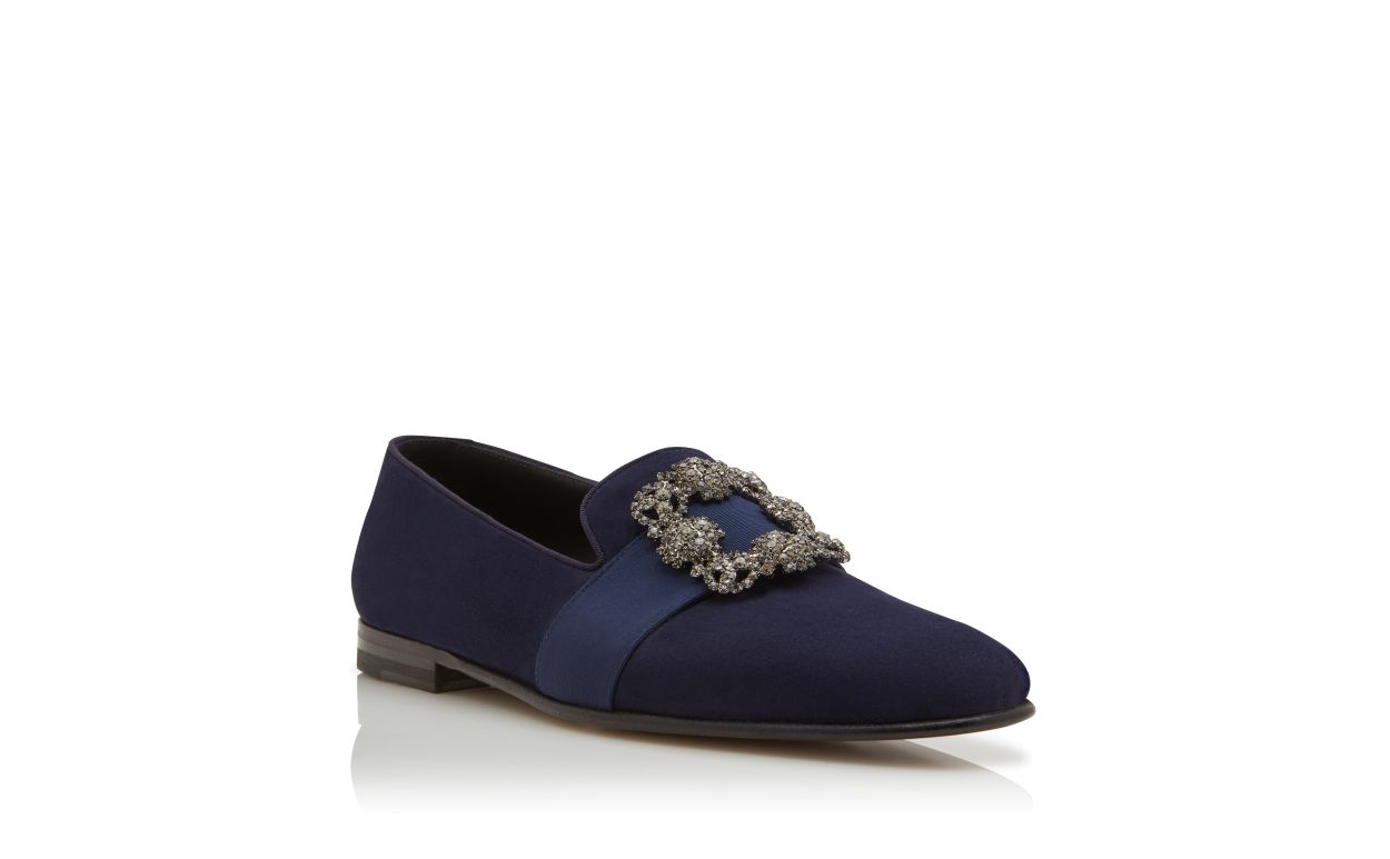 Navy Blue Suede Jewel Buckle Loafers