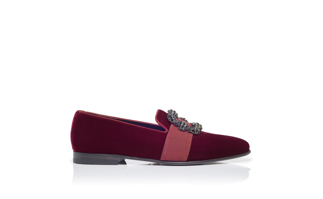 Dark Red Velvet Jewel Buckle Loafers