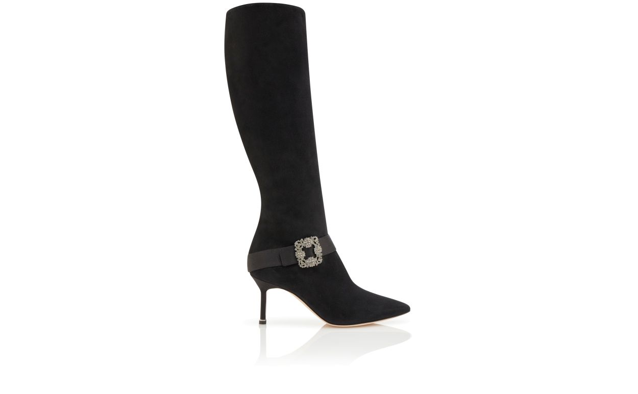 Black Suede Jewel Buckle Knee High Boots