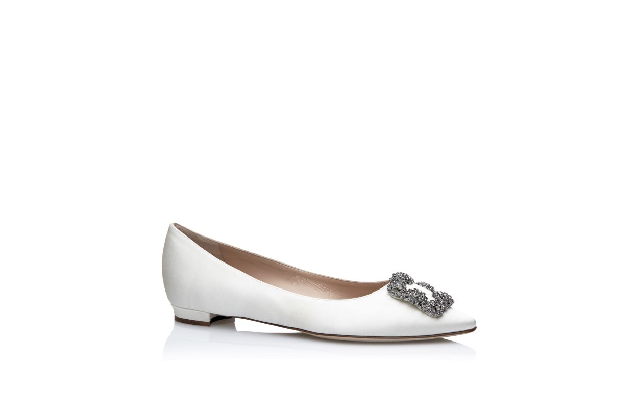 White Satin Jewel Buckle Flat Pumps