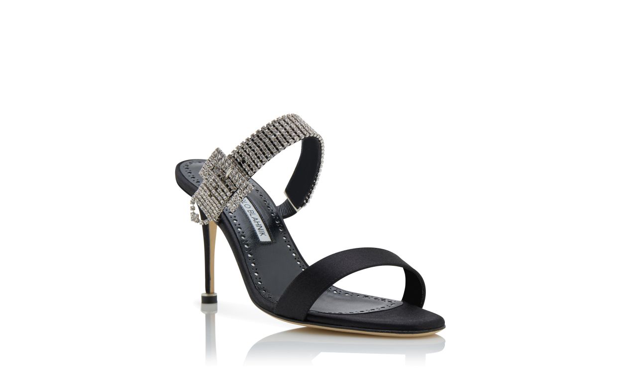 Black Satin Crystal Embellished Strap Mules